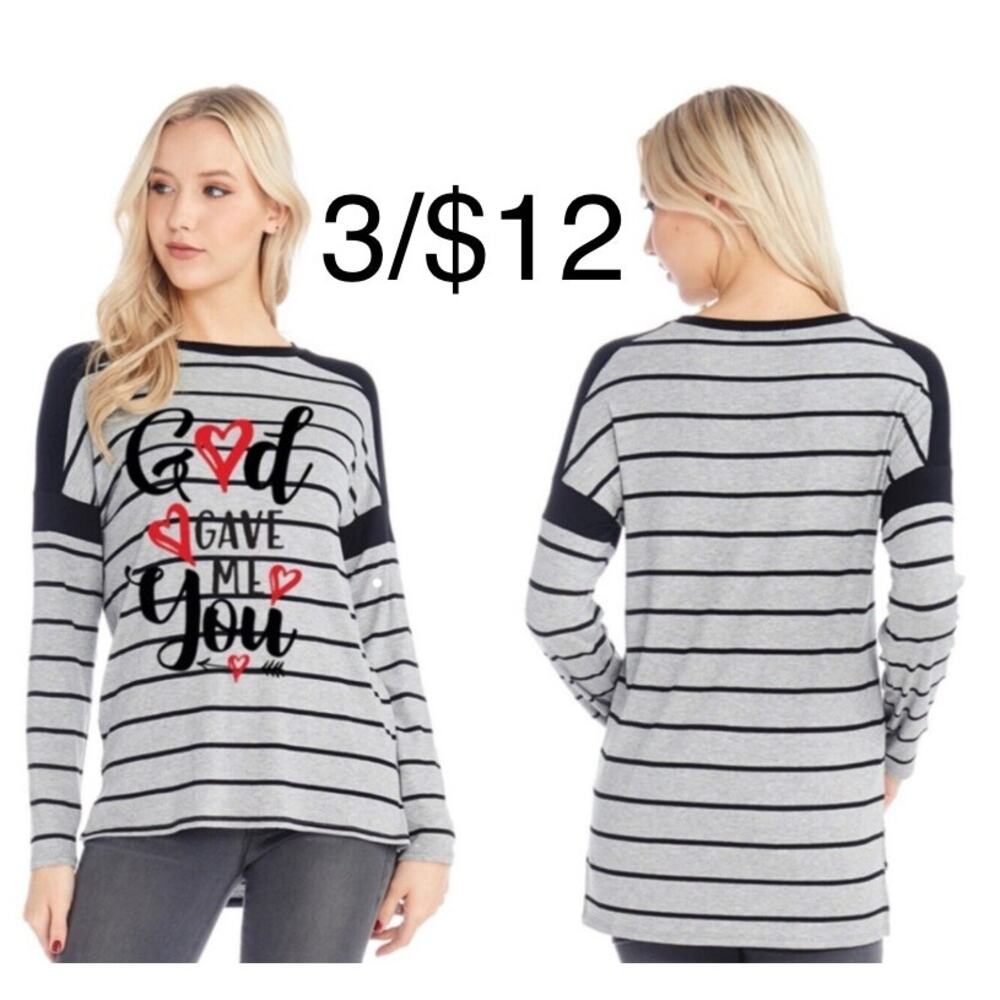 Grey and Black God Gave Me You Long Sleeve Graphic Top